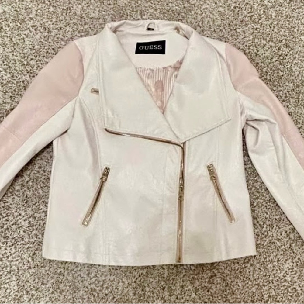 Guess Women's Faux Leather Jacket in Light Pink and Ivory, Size Large